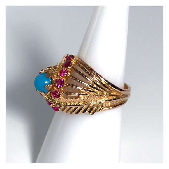 18KT SOLID GOLD ANTIQUE TURQUOISE & RUBY RING - 7.65 GRAMS!! - Picture 5 of 13